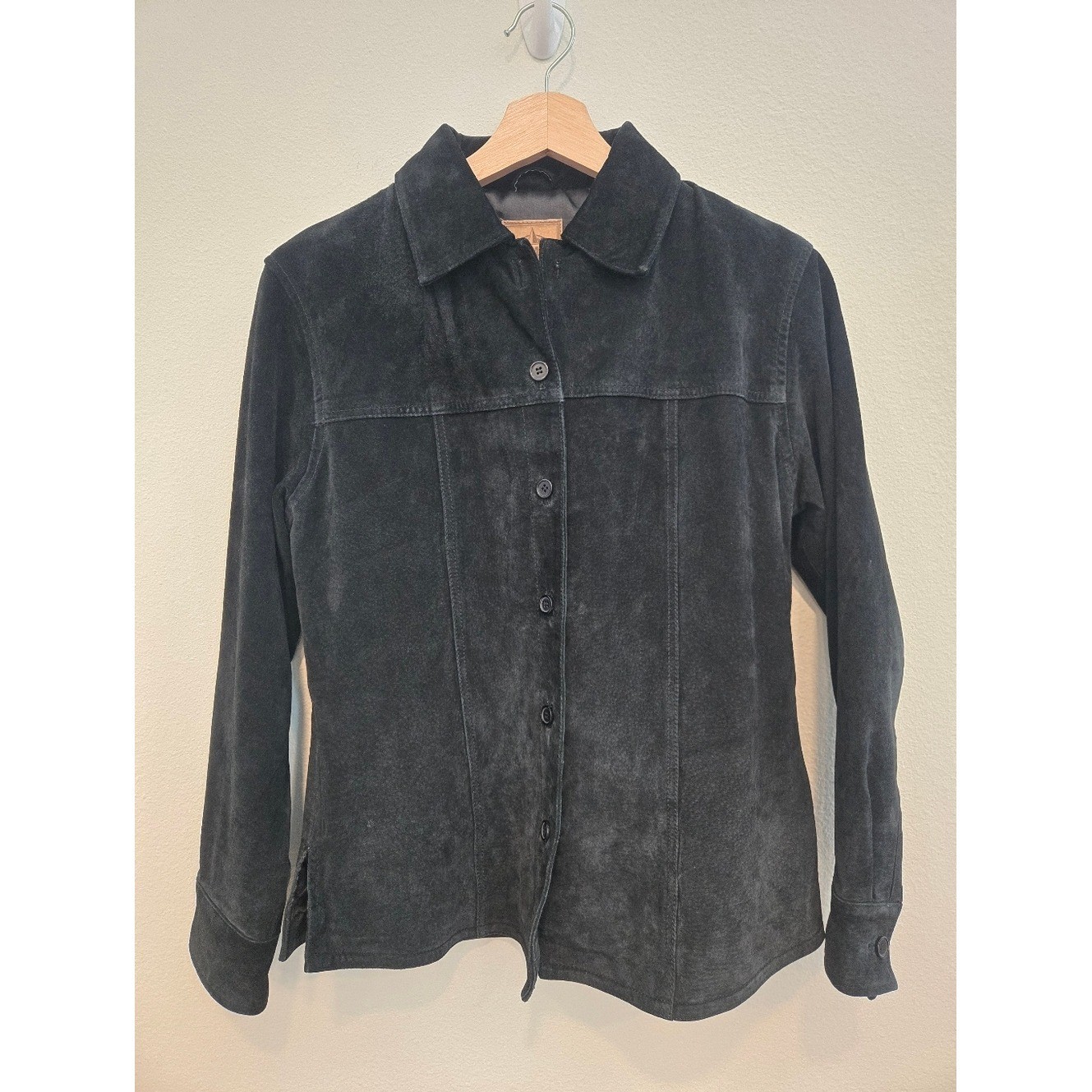 Vintage AMI Womens Black Suede Leather Trucker Jacket Size Small