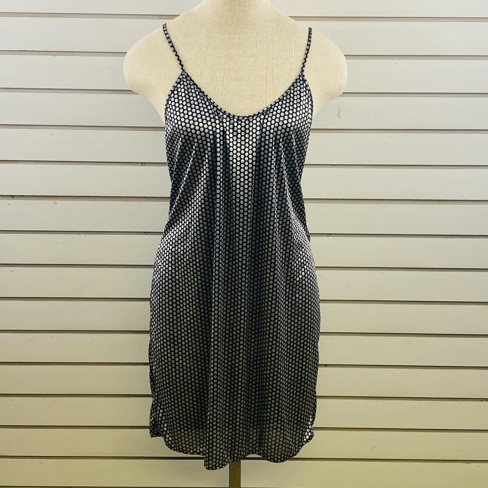 Vintage Womens M Lady Cameo Negligee Sheer Black Silver Polka Dot