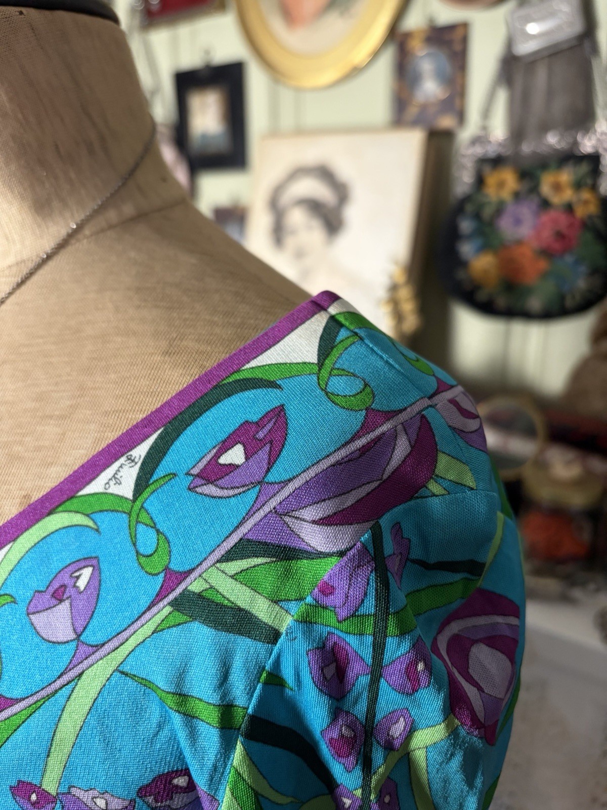 Vintage 1960s Emilio Pucci Silk Knit Printed Dress, Floral Abstract
