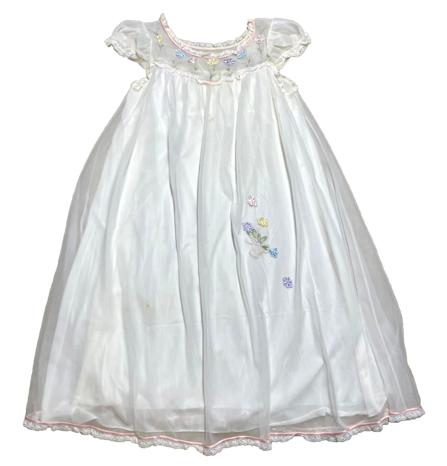 Vintage Nightgown 1960s Babydoll White Chiffon Lingerie Embroidered Floral