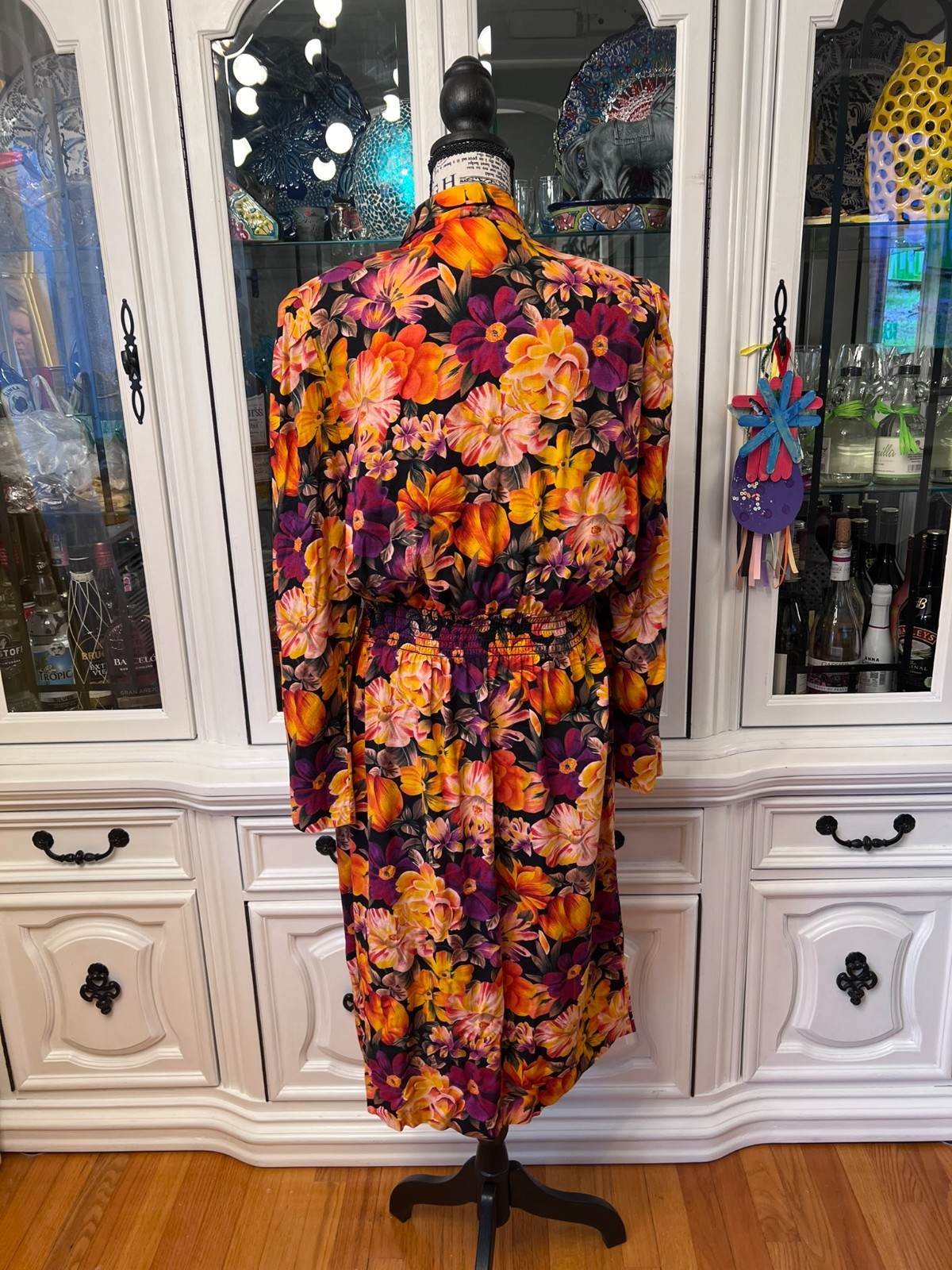 Vintage Special Effects Orange Floral Long Sleeve Dress Size 10, fits M or 6-8