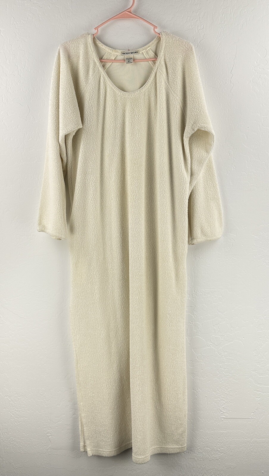 Vtg Cacique Naturel Nightgown Terry Cloth Women’s M/L Ivory Pockets Long Scoop