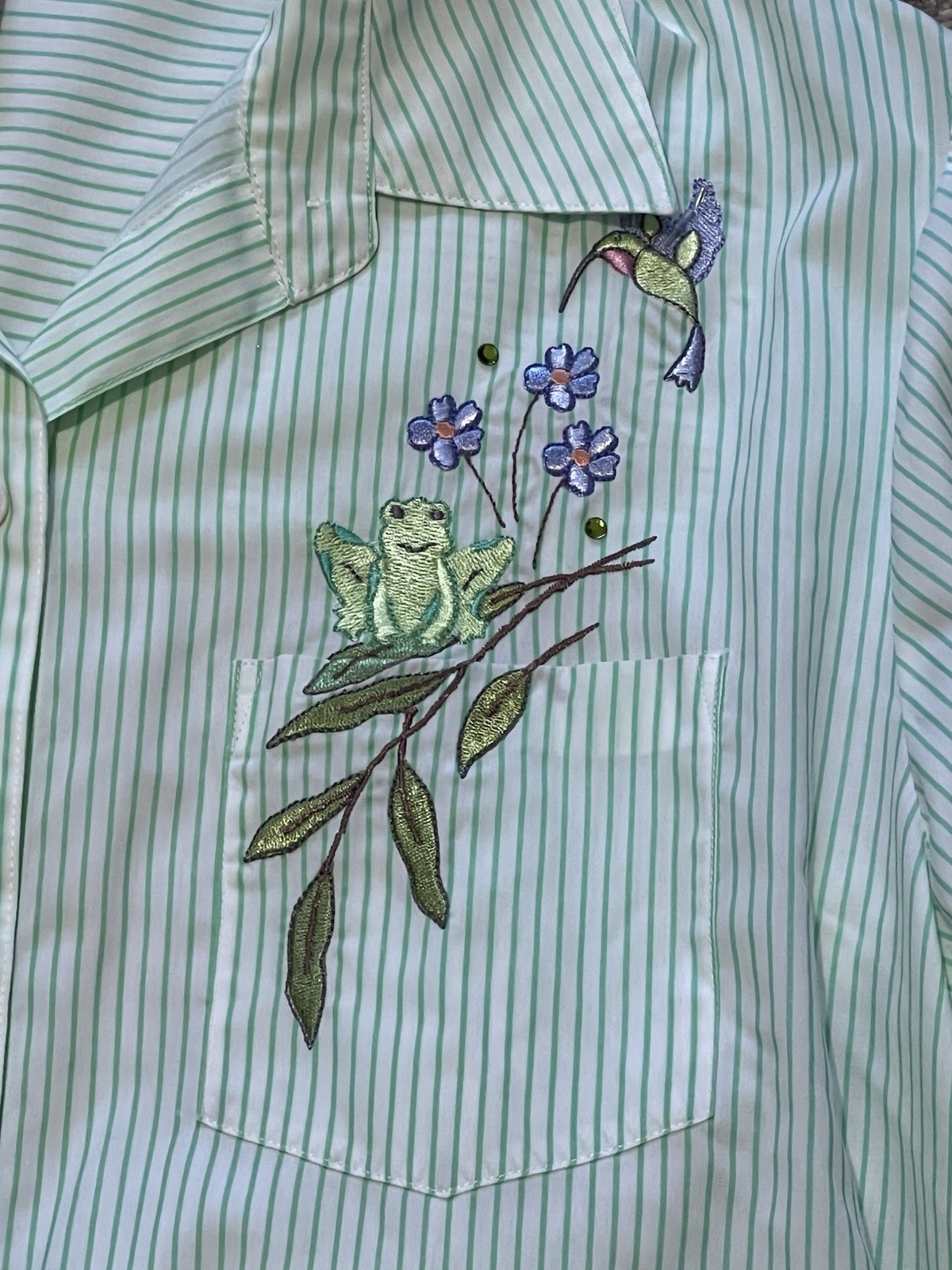 90s Graff 2pc Womens L Embroidered Spring Hummingbird Frog Shirt Capri Pants