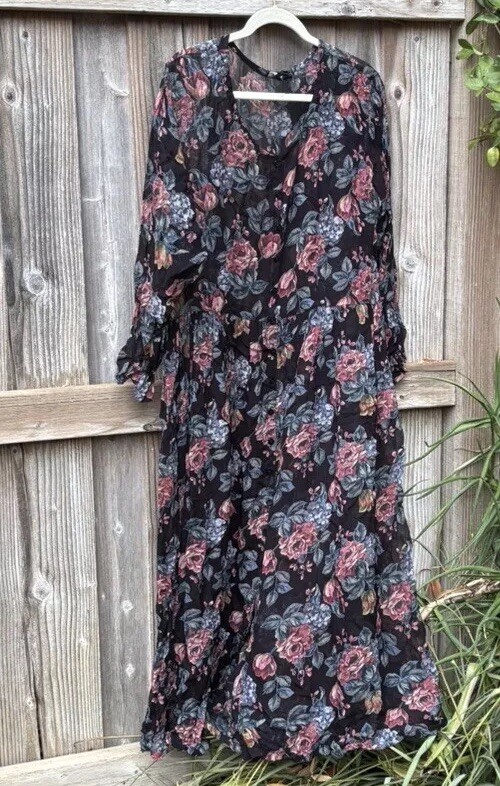 Vintage Nostalgia Dress Black Floral L Long Sleeve Button Ruffled Semi-Sheer