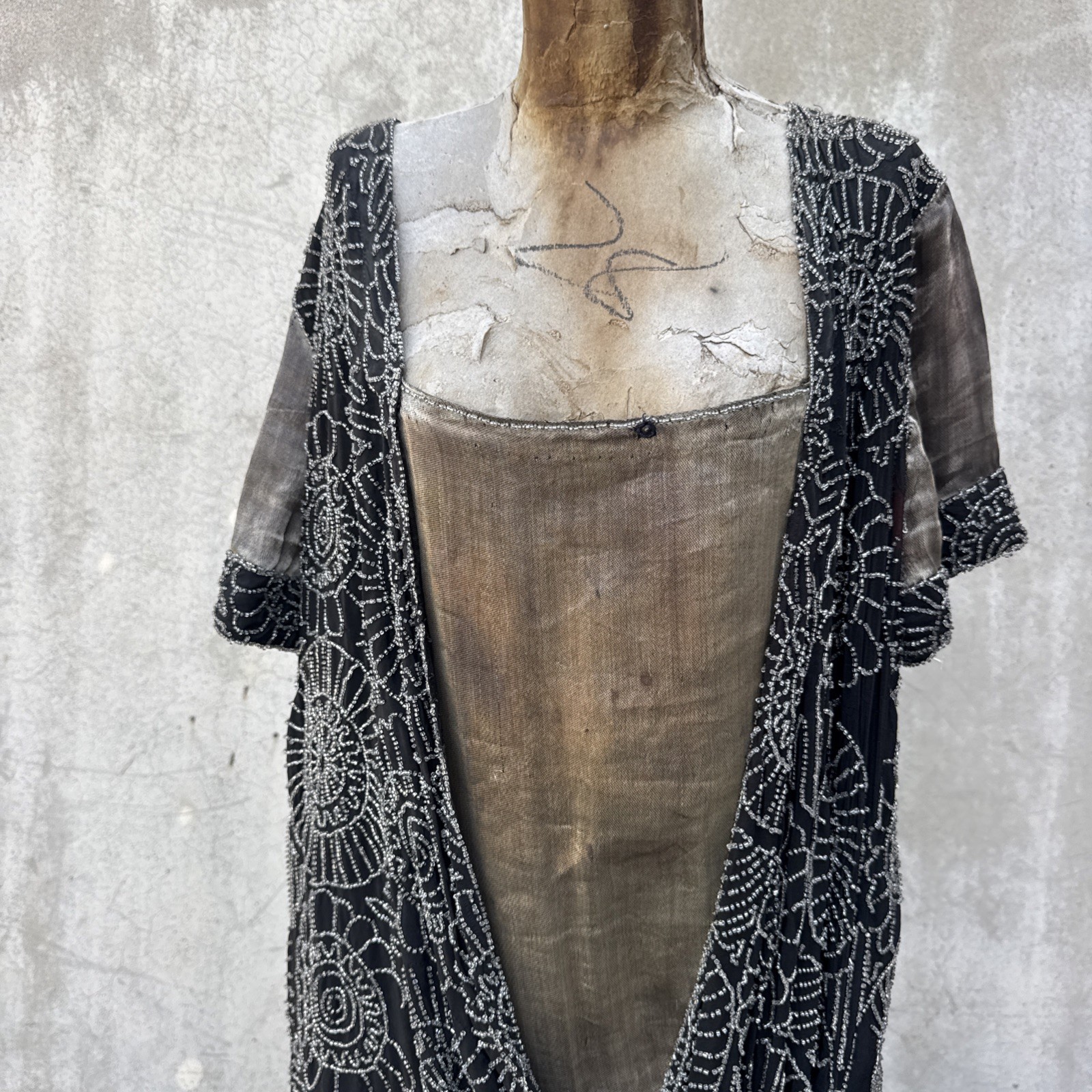 Antique 1920s Completely Beaded Flower Gown Silver Lamé Full Length Dress VTG