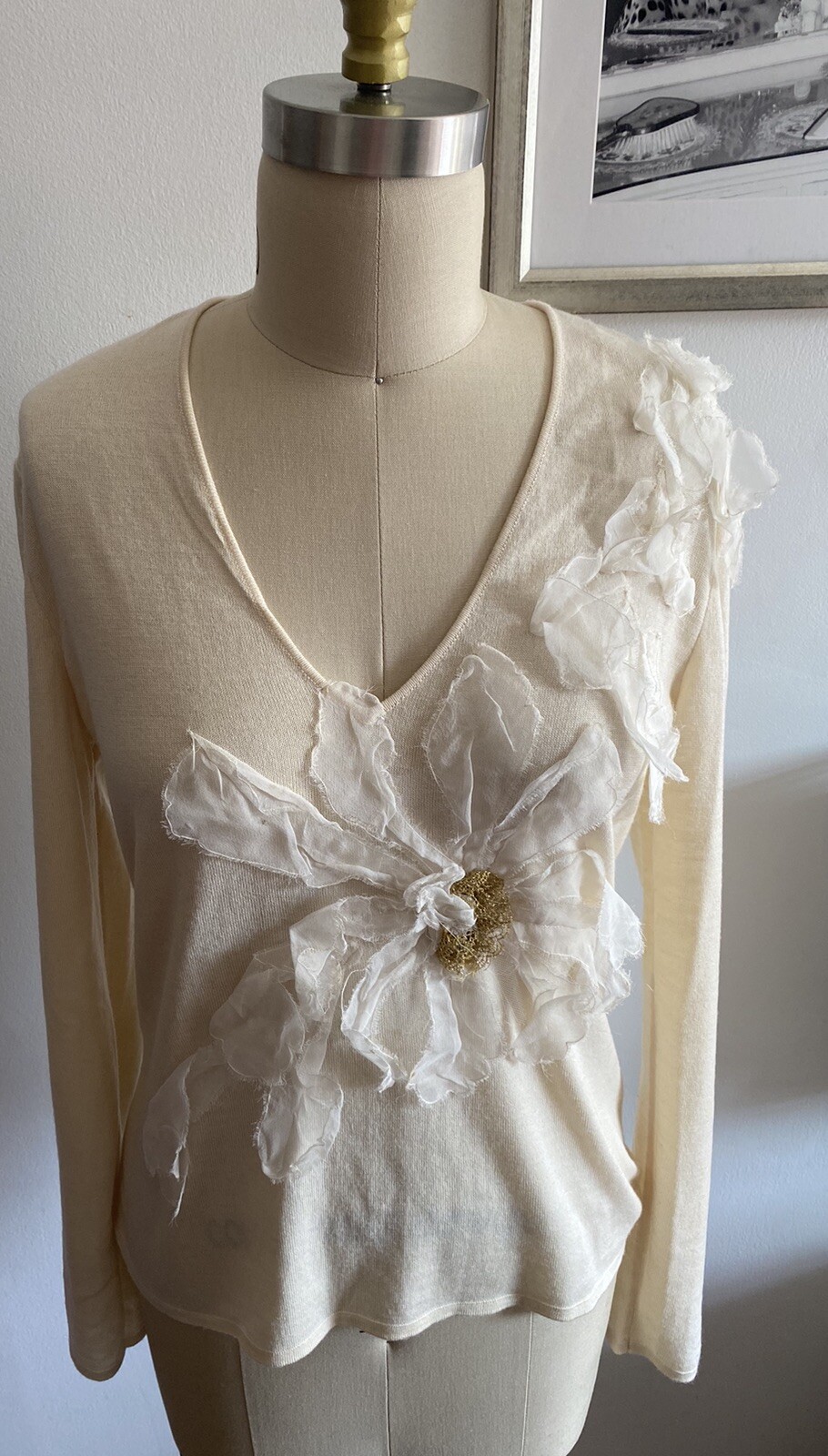 Vintage Emanuel Ungaro Paris Sweater Cream Chiffon, Gold Flower SZ L Chest 34”