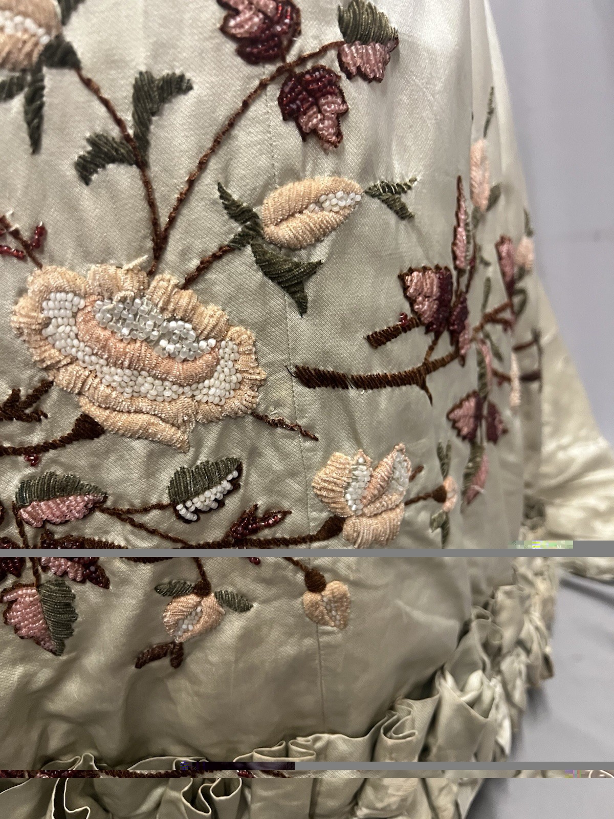 1880’s Light Celery Green Silk Bustle Skirt – Heavy Embroidered & Beaded Florals