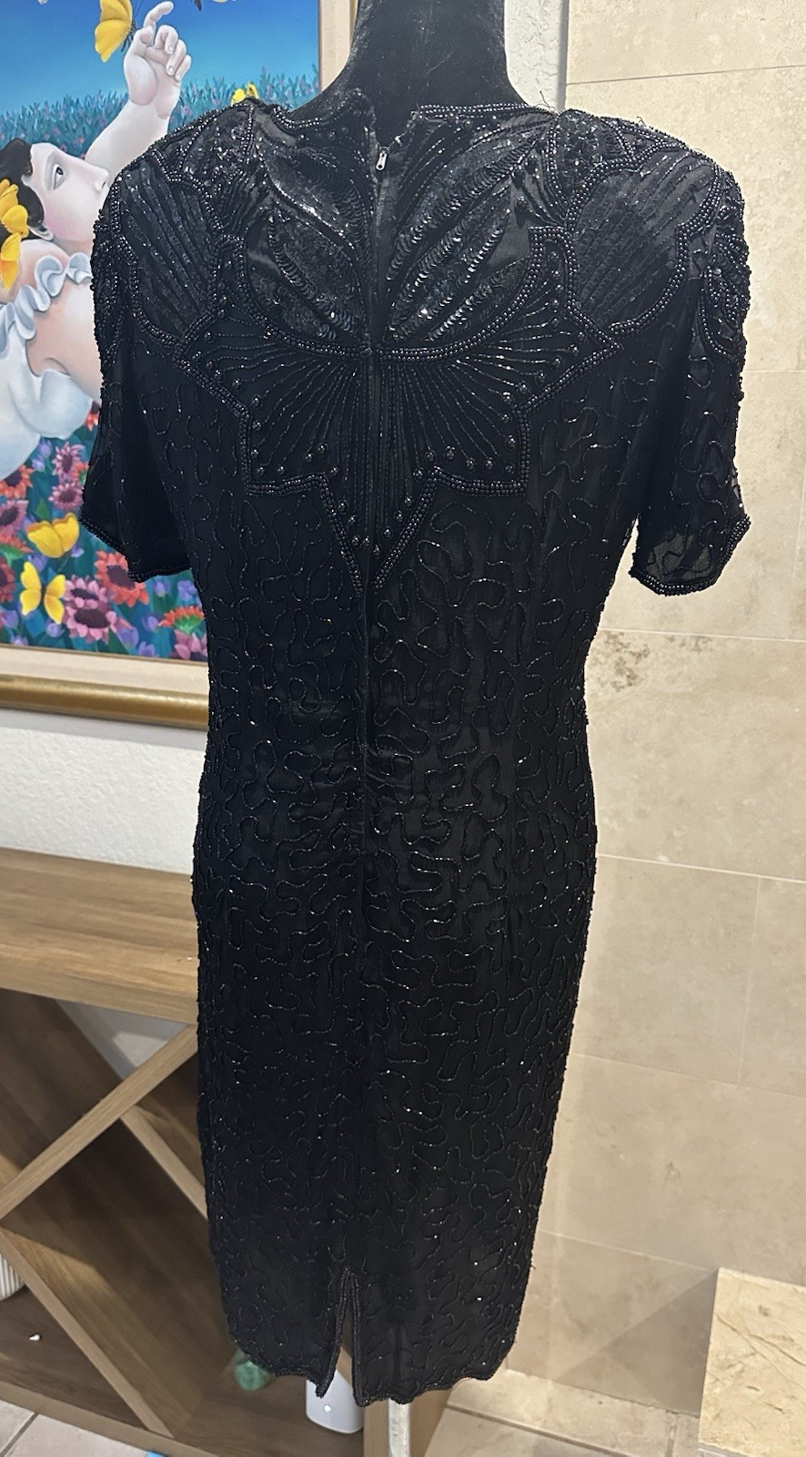VTG 80s AP Ltd Vintage Black Beaded Sequin Silk Dress US 14 L Knee Length NWT