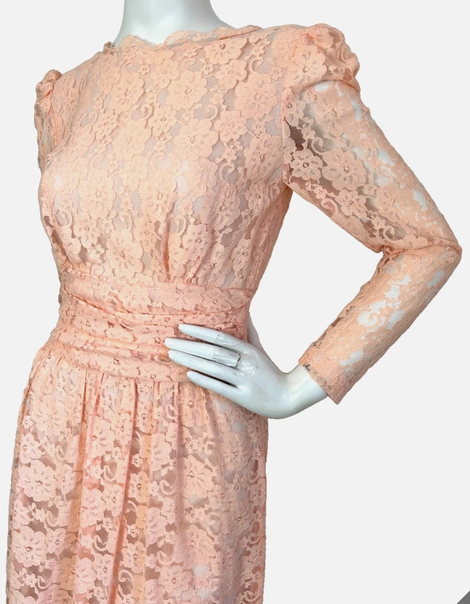 50s Lace Cocktail Dress Size XS Peach Open V-Back Long Sleeve Midi Vintage EUC