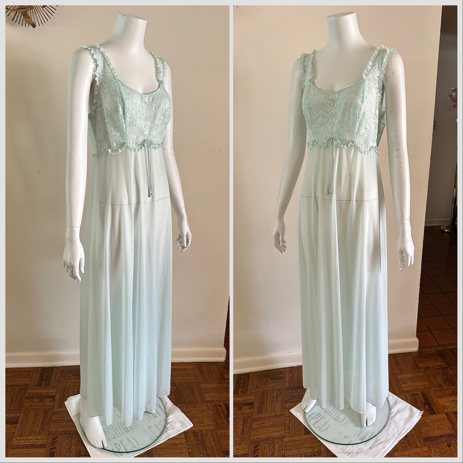 1960s Vanity Fair Mint Green Nylon Tricot Lace Nightgown Slip Dress Negligee VTG