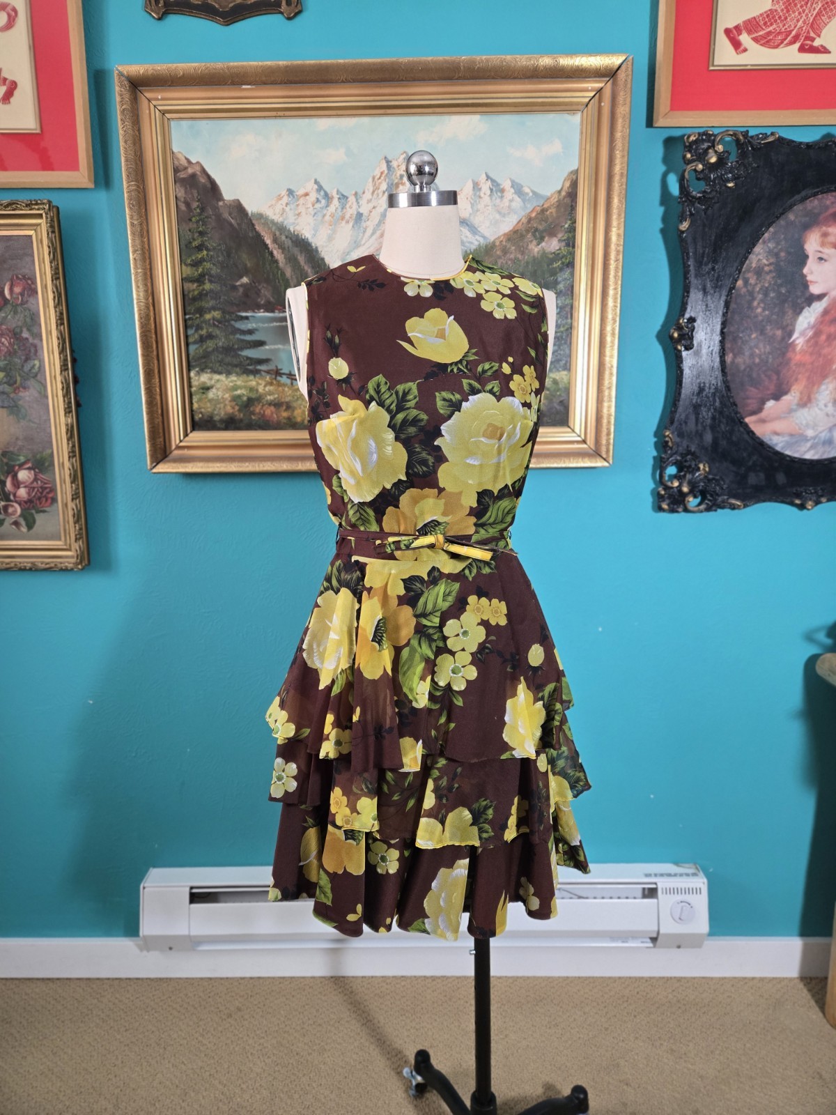 Vtg 1970s Melissa Lane Yellow Rose Floral Print Brown Organza Tiered Party Dress