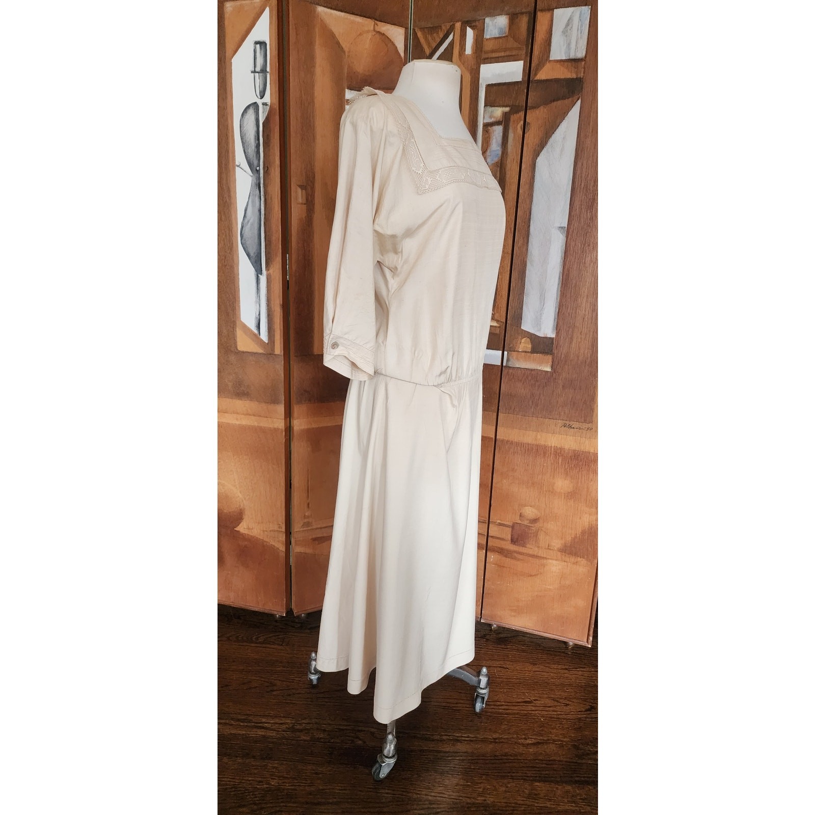 Vintage 80s Cream Silk Dress Lace Trim Edwardian Style Norma Walters