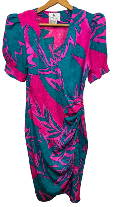 VTG 80s Flora Kung Silk Wrap Dress Sz 10 Pink Teal Blue Abstract Tropical Midi