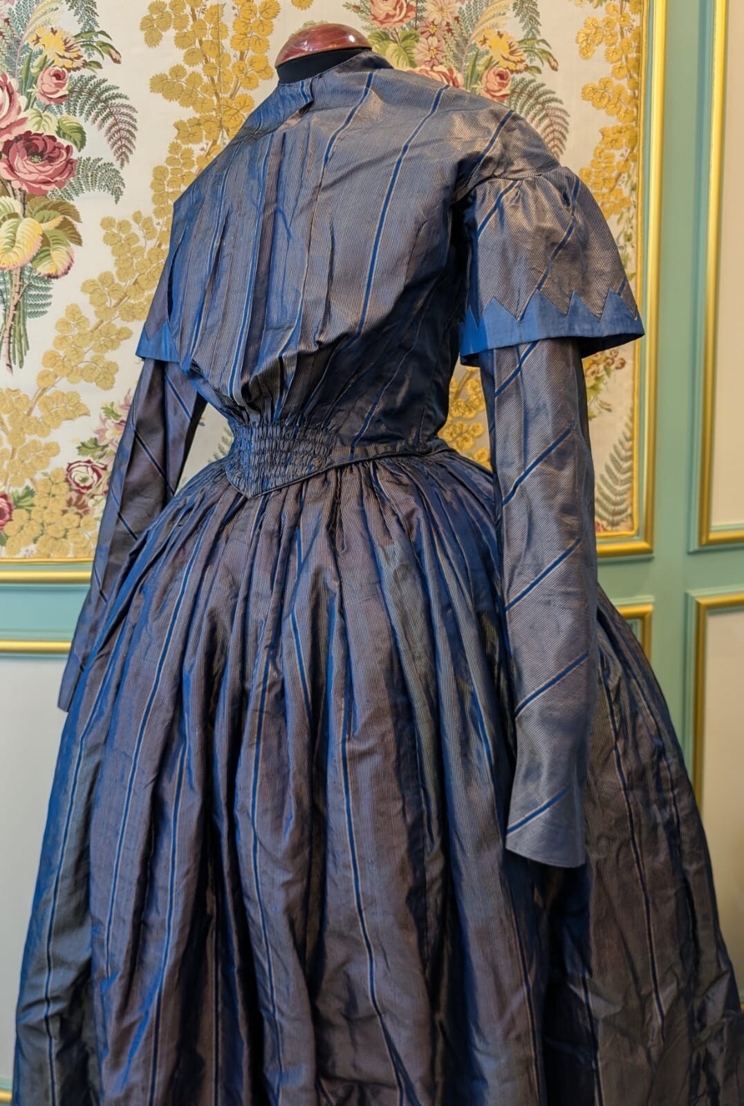 HAND SEWN 1840’S PINSTRIPED SILK TAFFETA TWO PIECE DRESS FROM OHIO ESTATE