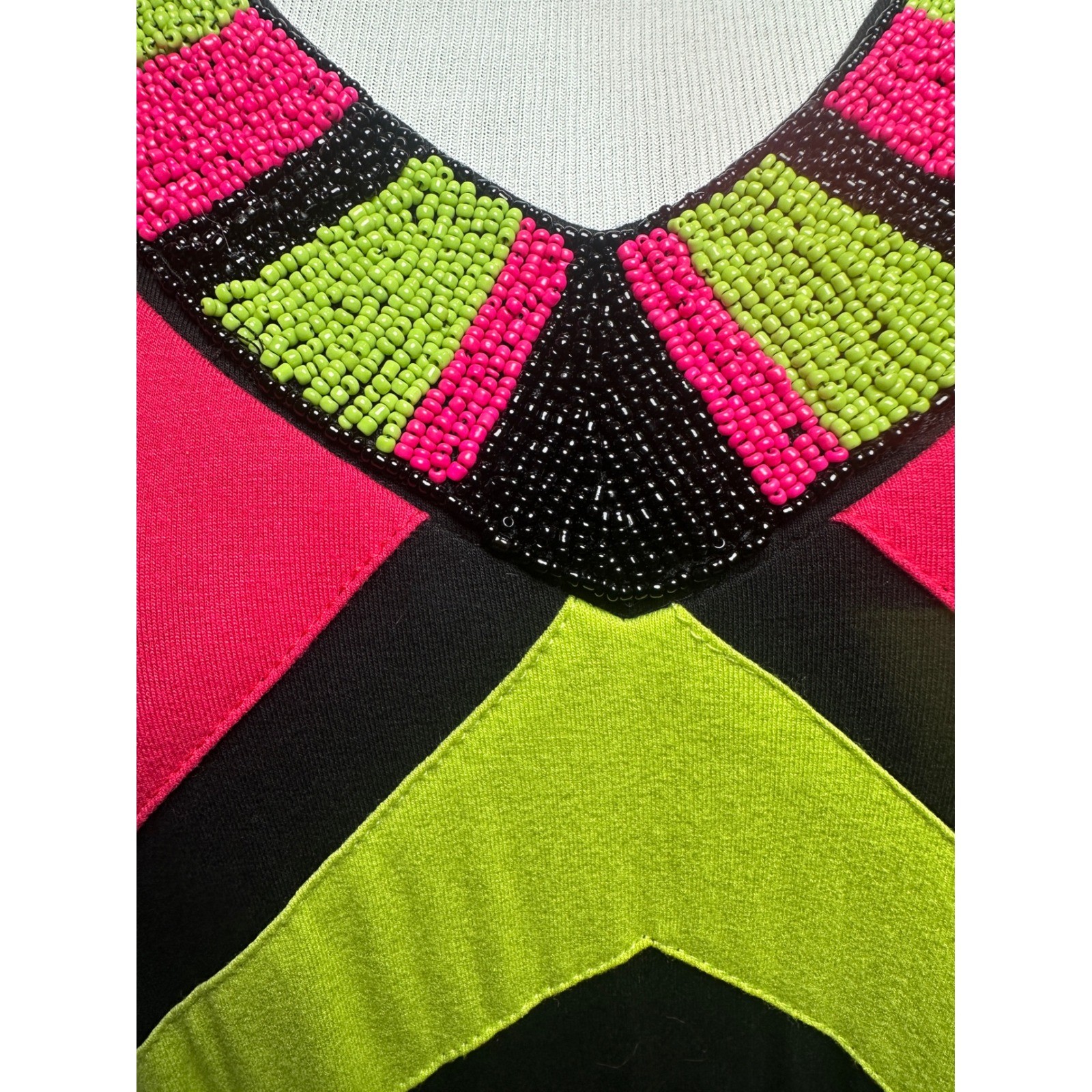Vintage Variations 90s Y2K Beaded Color Block Jersey Maxi Dress Neon Pink Lime M