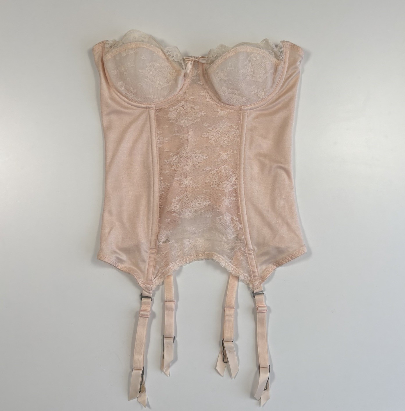 Vintage 1950s LADY MARLENE Bustier Corset Bra w/Garters Pink Lace Strapless Sz34