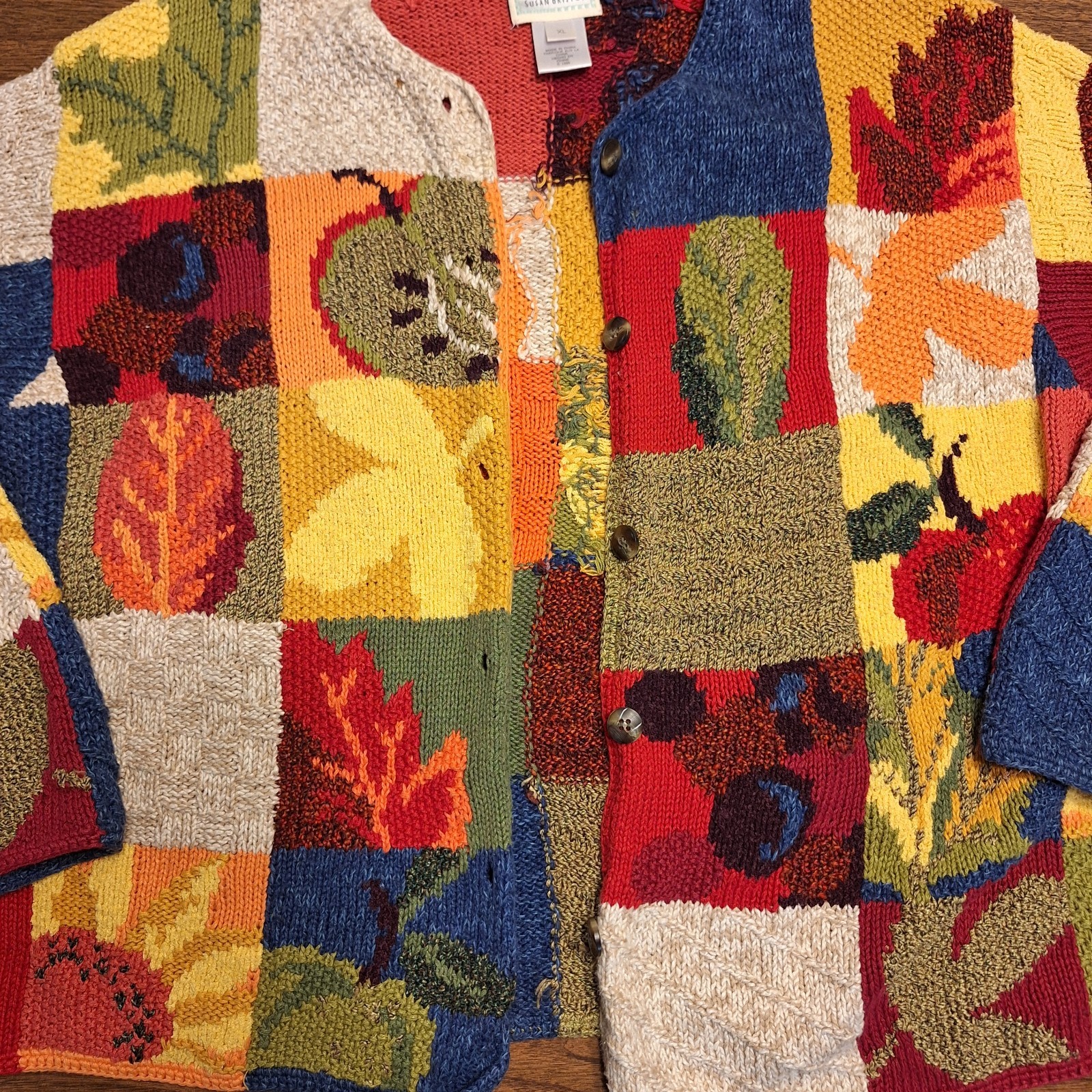 1990s Susan Bristol Patchwork Fall Apples Leaves Sunflower Rainbow Cardigan XL