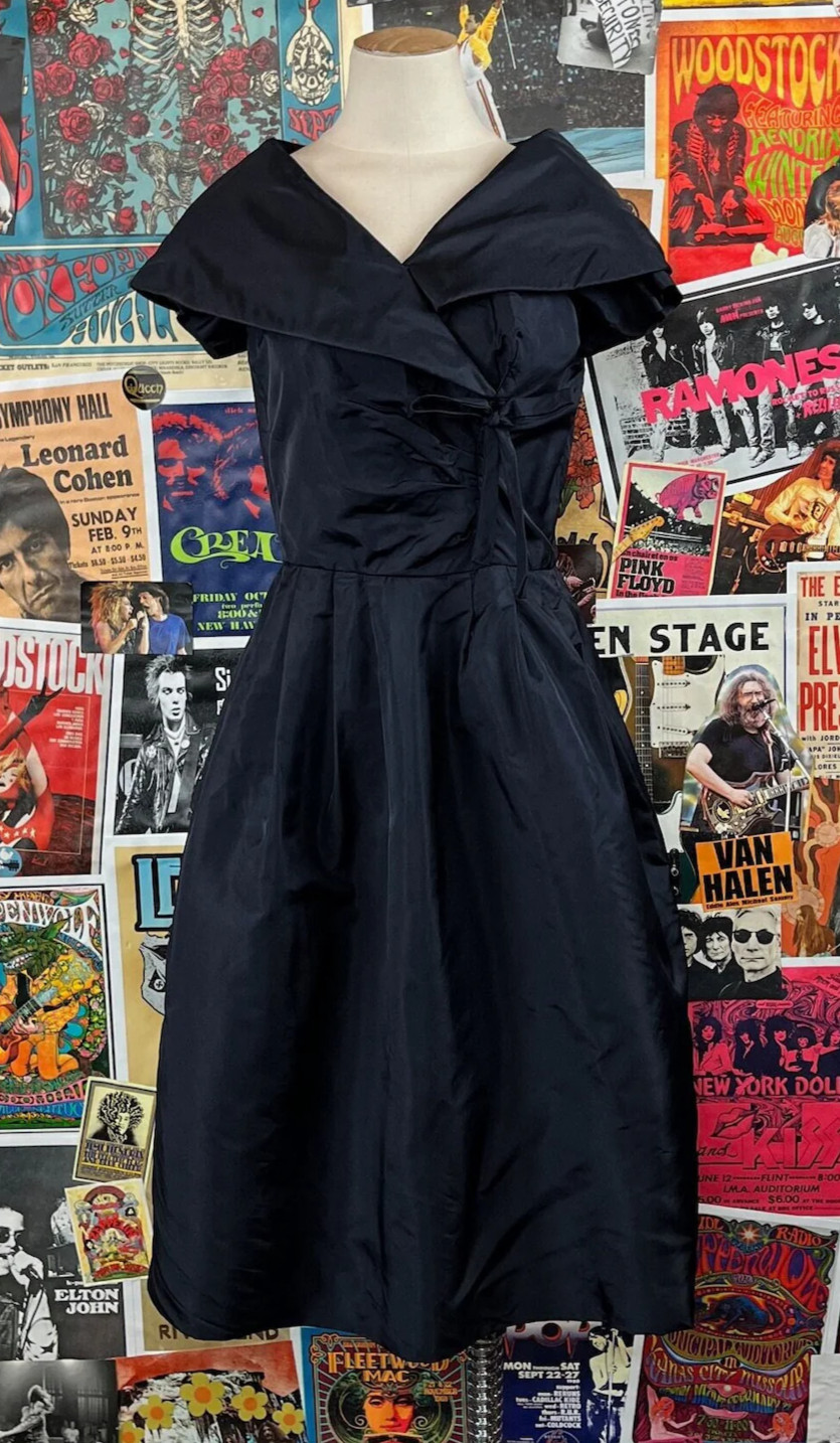 Vintage 50s Navy Blue Taffeta Cocktail Swing Dress Womens Size 2 XS Retro