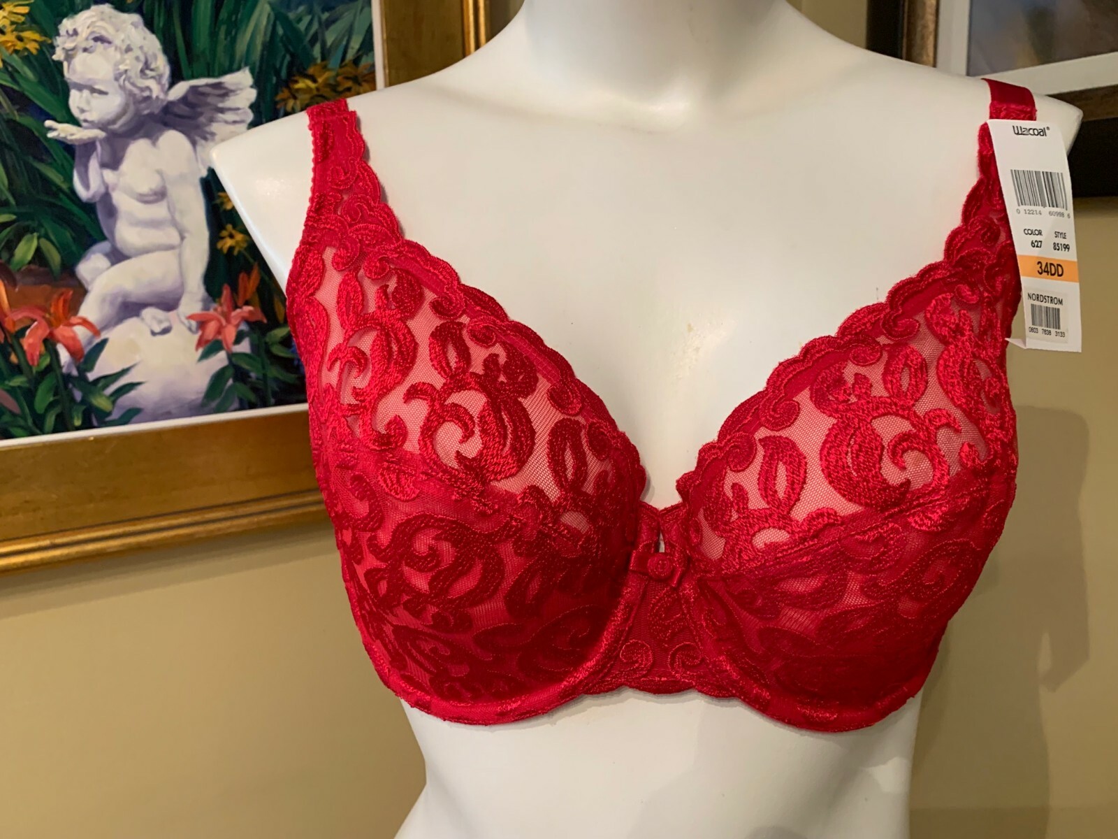VINTAGE WACOAL 85199 ~ RED ARABESQUE SEMI SHEER FULL FIGURE UNDERWIRE BRA 34DD