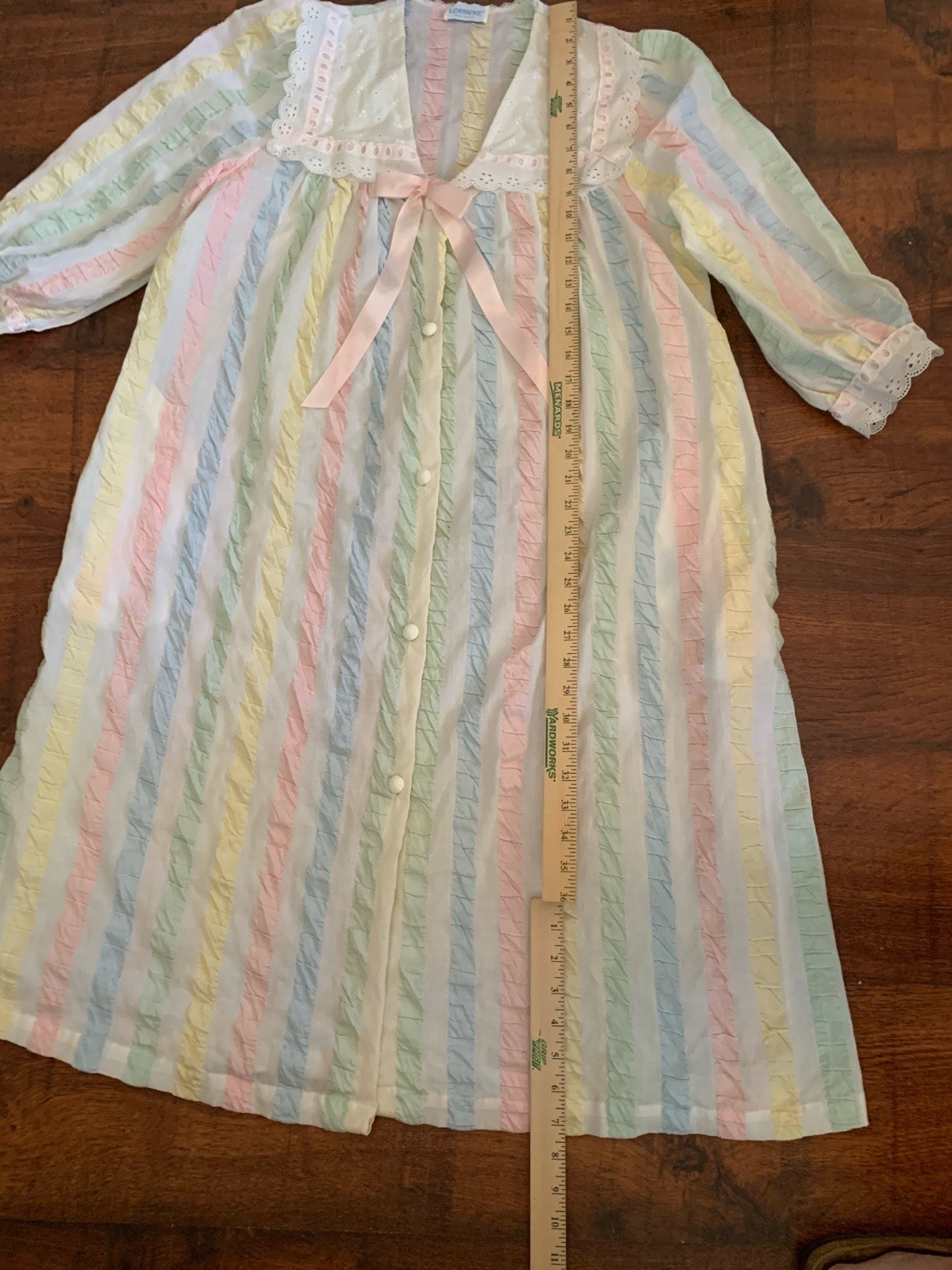 VTG Lorraine Robe Duster Retro Loungewear Housecoat seersucker Stripe Pastels L