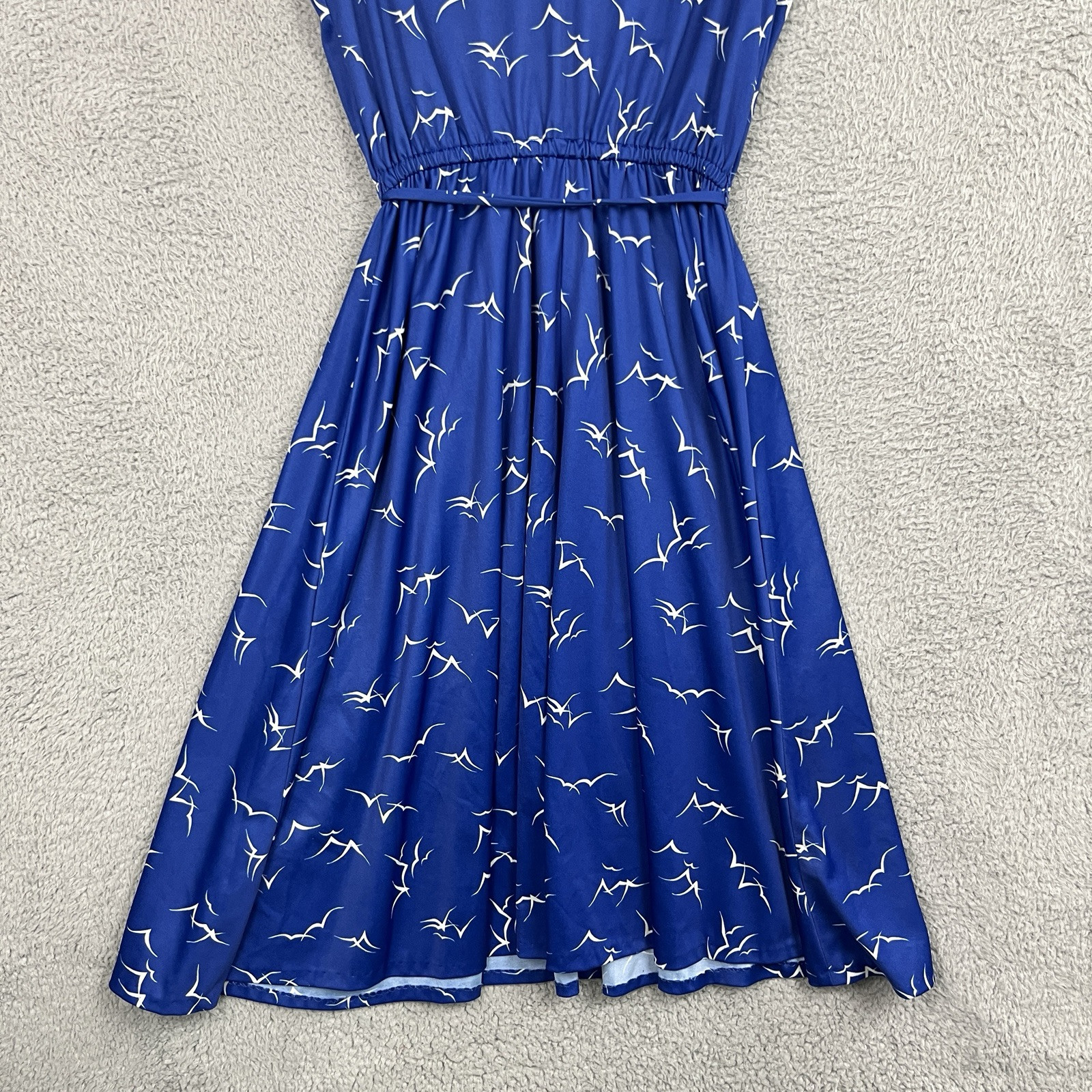 Vintage 70s Dress Womens Small Blue Seaside Seagulls All Over Print Tie Shoulder