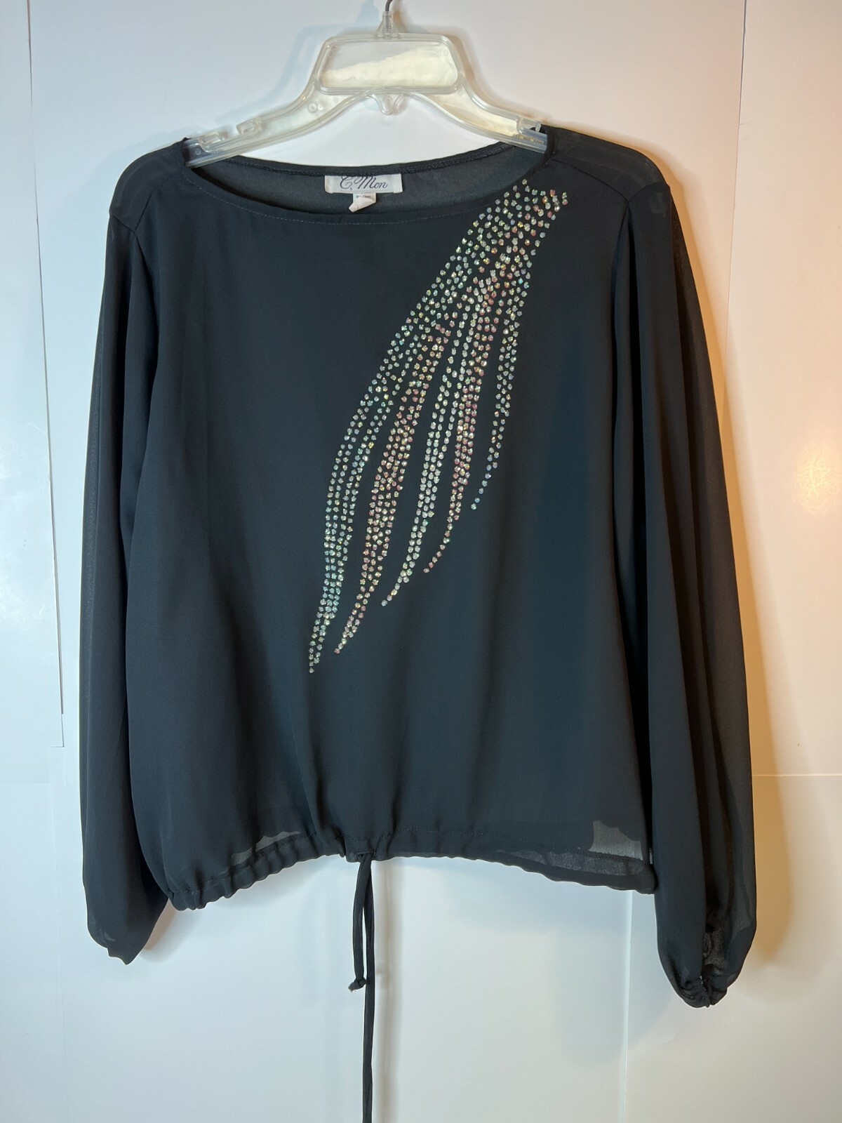 VTG C. Mon Women&rsquo;s Black Sheer Long Sleeve Blouse Sequins Drawtie Waist Size 22