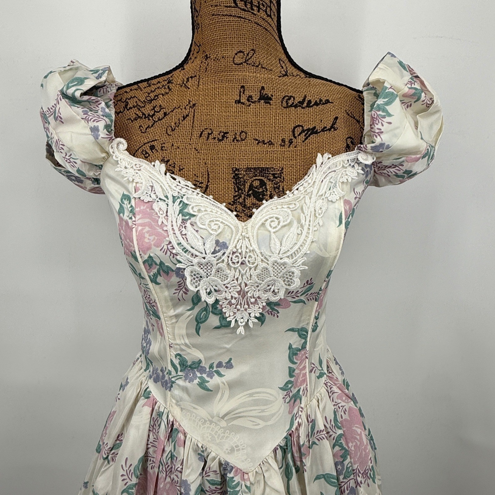 Vtg Scott McClintock Floral Dress Sz 6 Puff Sleeve Lace Cottage Coquette Basque