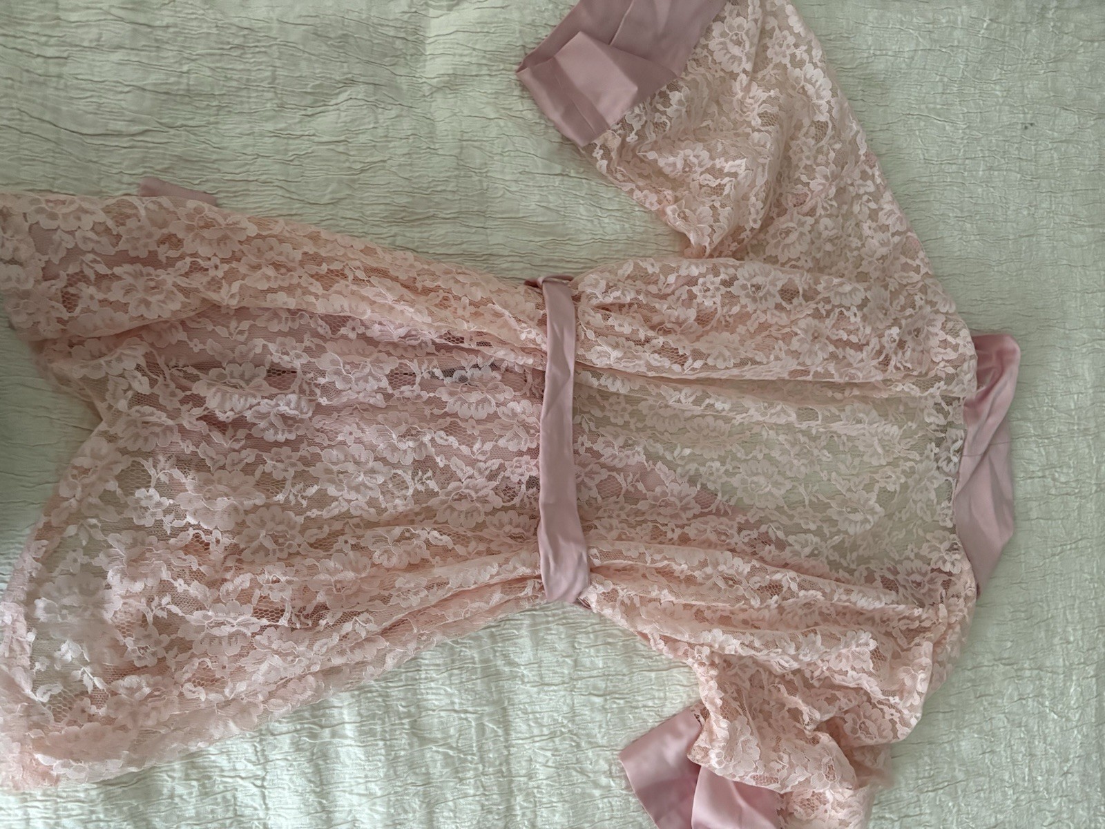 Vintage Gold Label Victoria&rsquo;s Secret Pink Lace Robe Satin Trim Tie Belt One Size