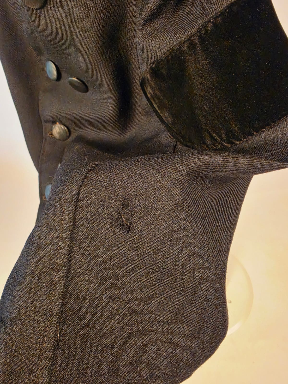 EDWARDIAN BLACK WOOL WALKING SUIT JACKET W VELVET TRIM