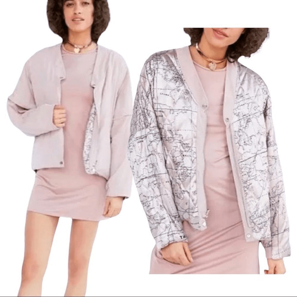 Anthropologie Kimchi Blue Pink Map or Solid Oversized Reversible Jacket