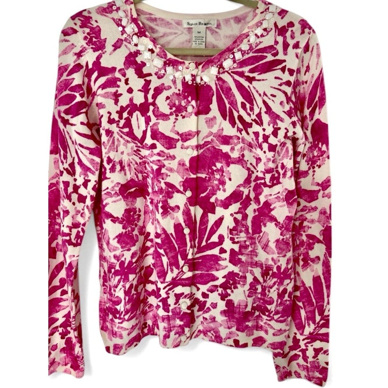 Susan Bristol Vintage Beaded Floral Cardigan Pink White Cotton Blend Knit M