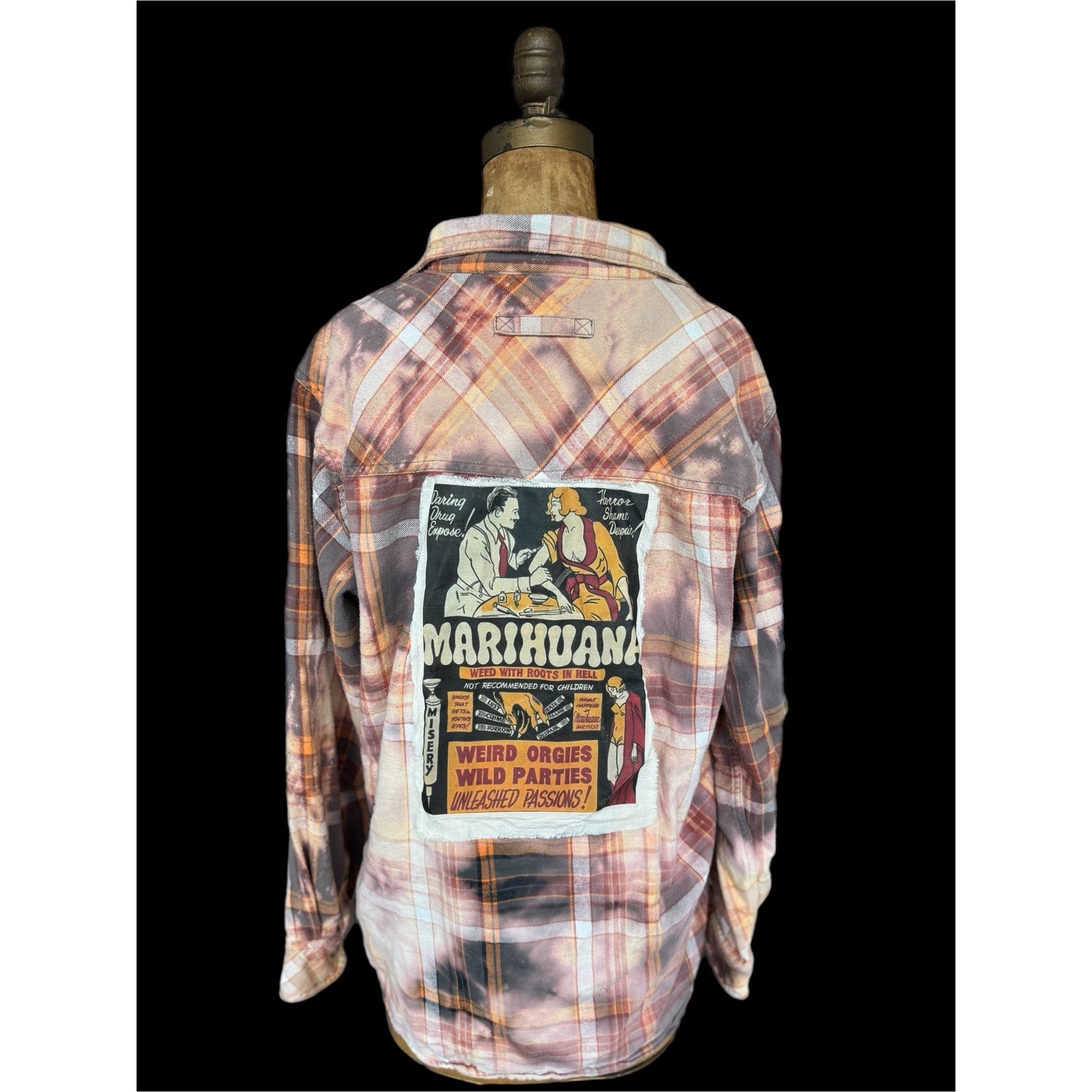 Vintage Marijuana Propaganda Flannel Bleach Dye Upcycled Shirt Large