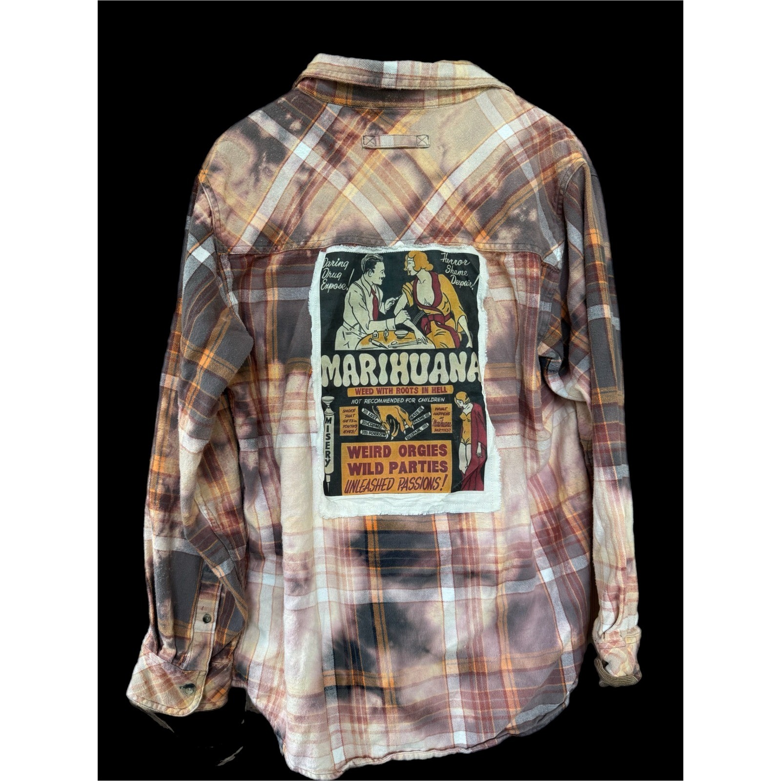 Vintage Marijuana Propaganda Flannel Bleach Dye Upcycled Shirt Large