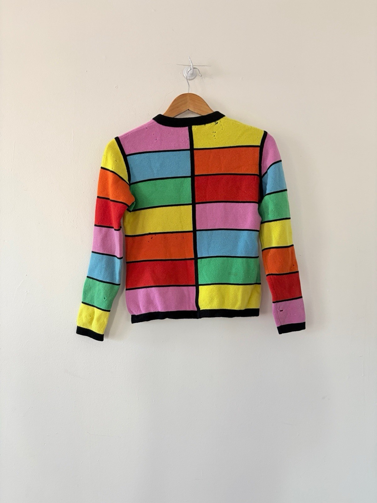 1960s Mod Geometric Color-Block Day Glo/Rainbow Wool Crewneck Sweater AS IS