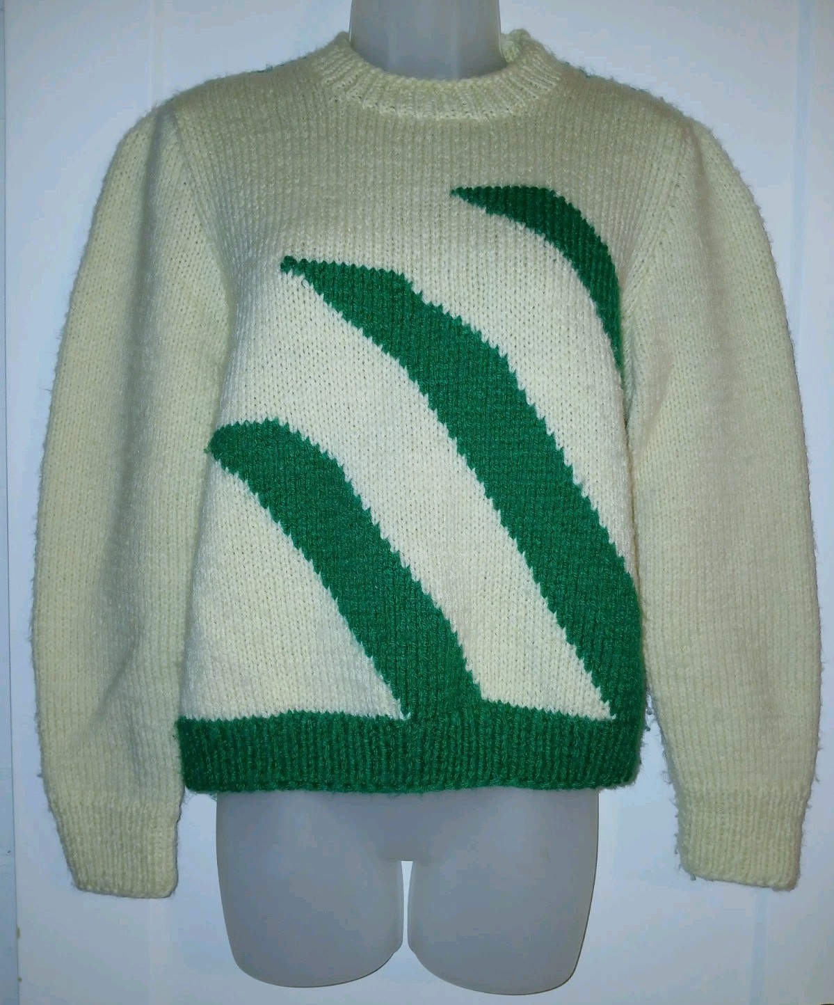Vintage 60s Cowichan All Over Abstract Grass Leaf Nature Print Knit Sweater S