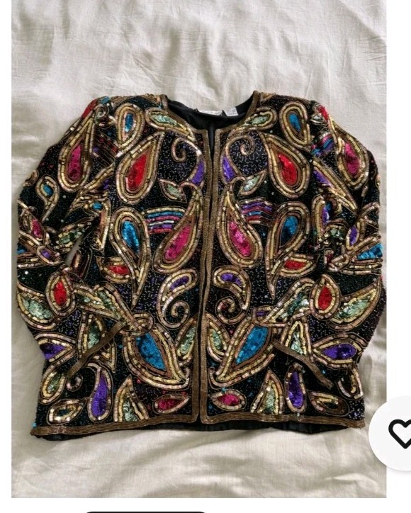 VINTAGE Laurence Kazar Silk Beaded Sequin Statement Jacket L Glam Art Wear