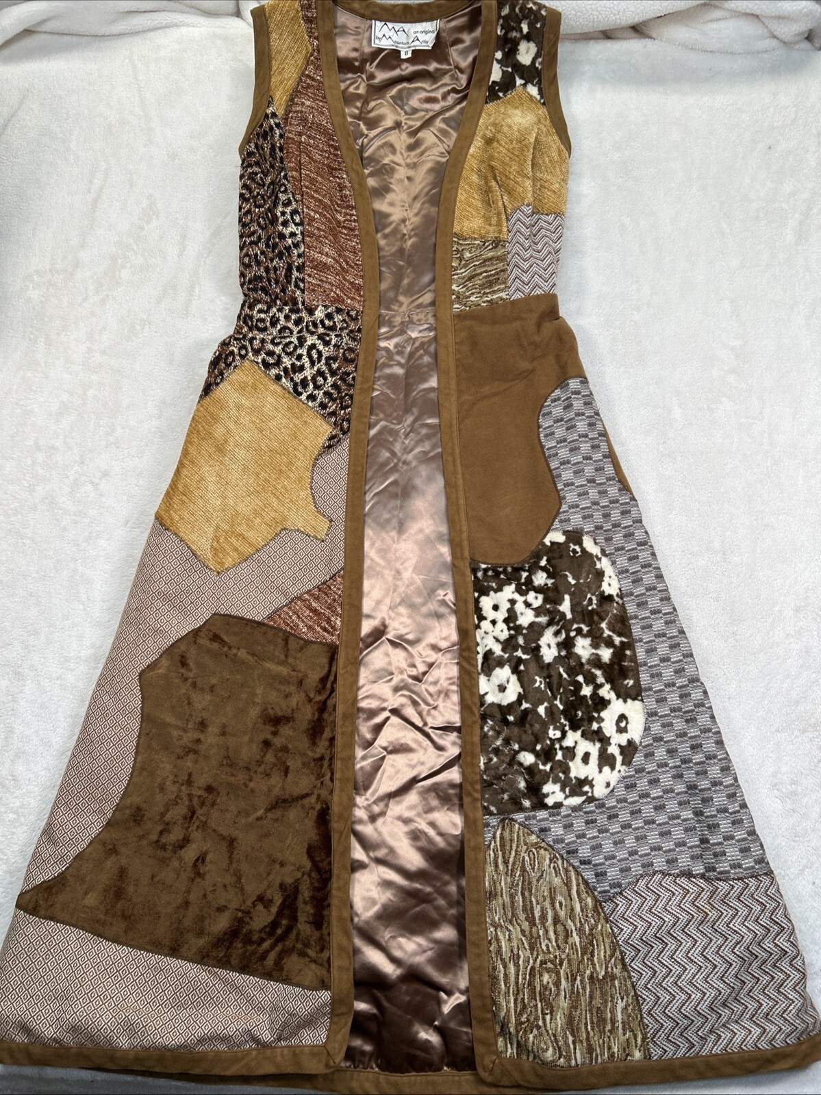 Vtg Mountain Artisans abstract Patchwork Artsy Duster Vest Long Mixed Fabrics