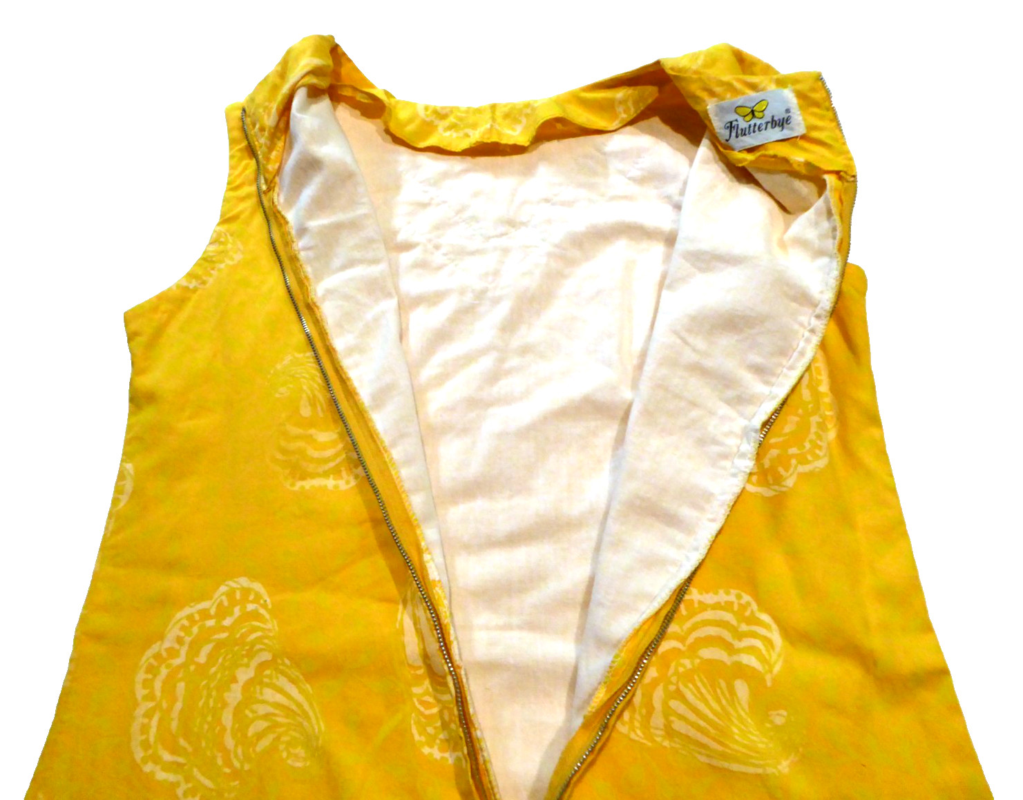 VTG 60s Flutterbye Mod Shift Dress Yellow Pique Shell Lace Summer Resort Sun S