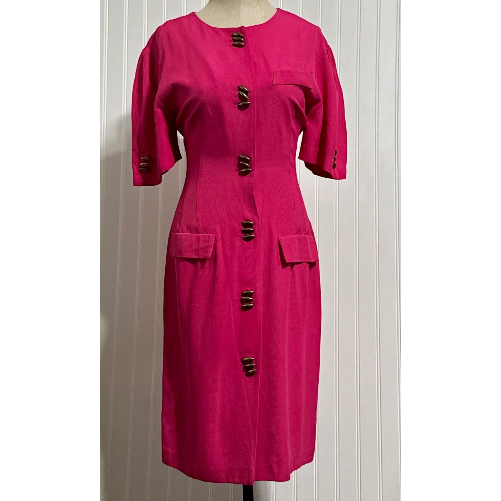 Irresistible Womens 11/12 Pink Button Midi Dress Rayon Vintage 80s Office Siren