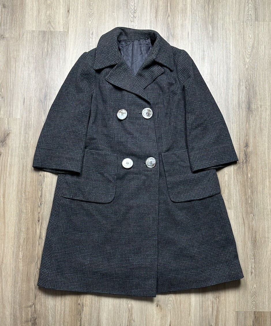50s Vintage Double Breasted Houndstooth Grey Pea Coat Size Medium Bespoke