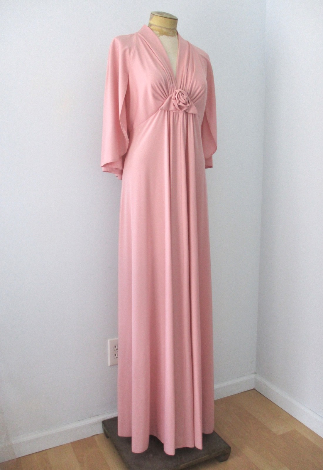Vtg 70s Lorrie Deb Rose Pink Maxi Hostess Formal Empire Dress Cape Rosette S/M
