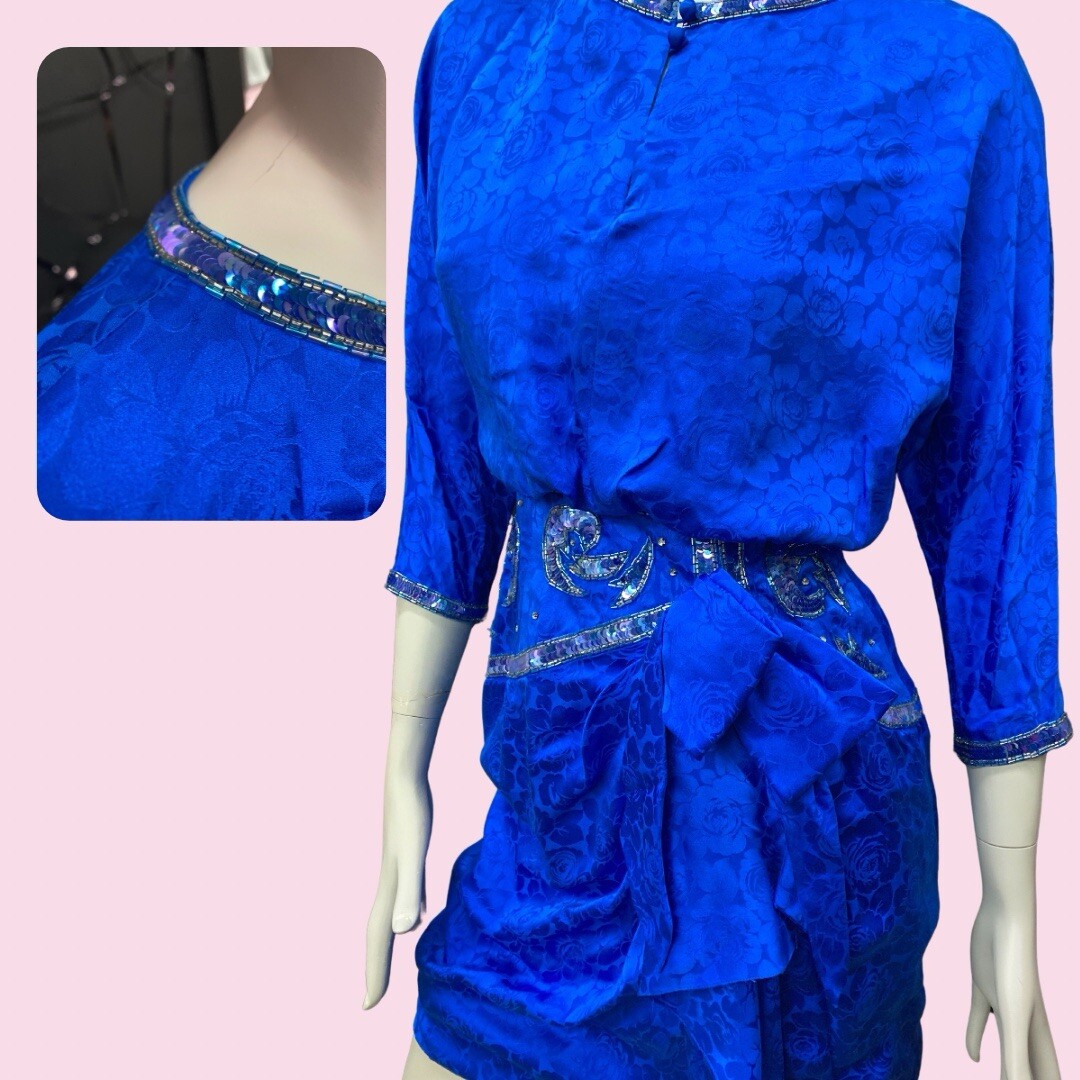 DYNASTY 1980s Cobalt Blue Rhinestone Embellished Silk Draped Dress