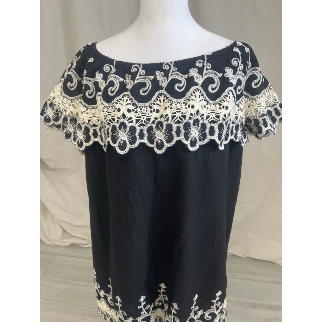 Fever Cottagecore Dress Embroidered Lace Off the Shoulder Black White Sz XL Boho