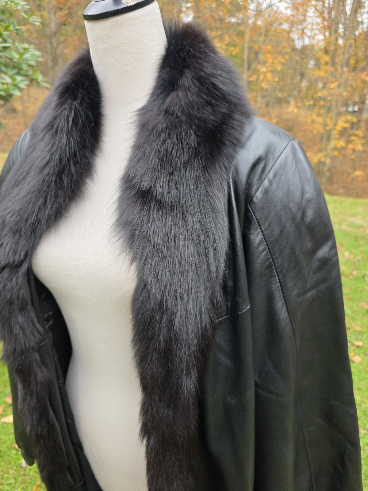 Vtg E Wear Black Long Lambskin Leather Coat With Fox Fur SZ 2X Plus Size Mob