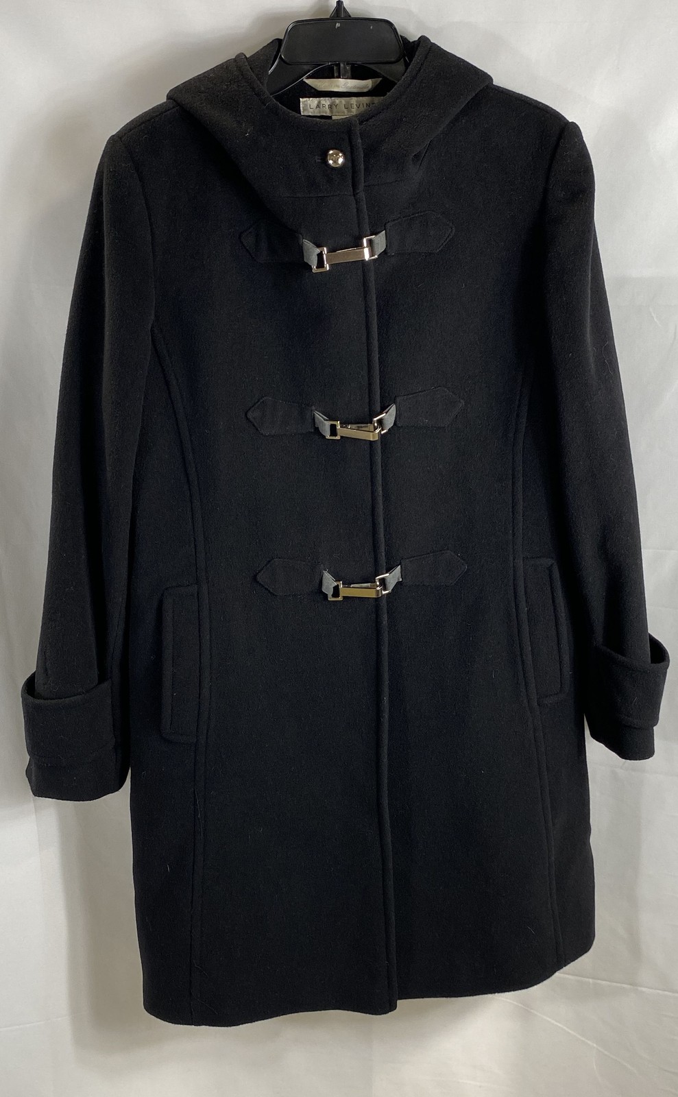 Vintage 90s Larry Levine Women&rsquo;s Black Wool Cashmere Hooded Toggle Coat Sz 12