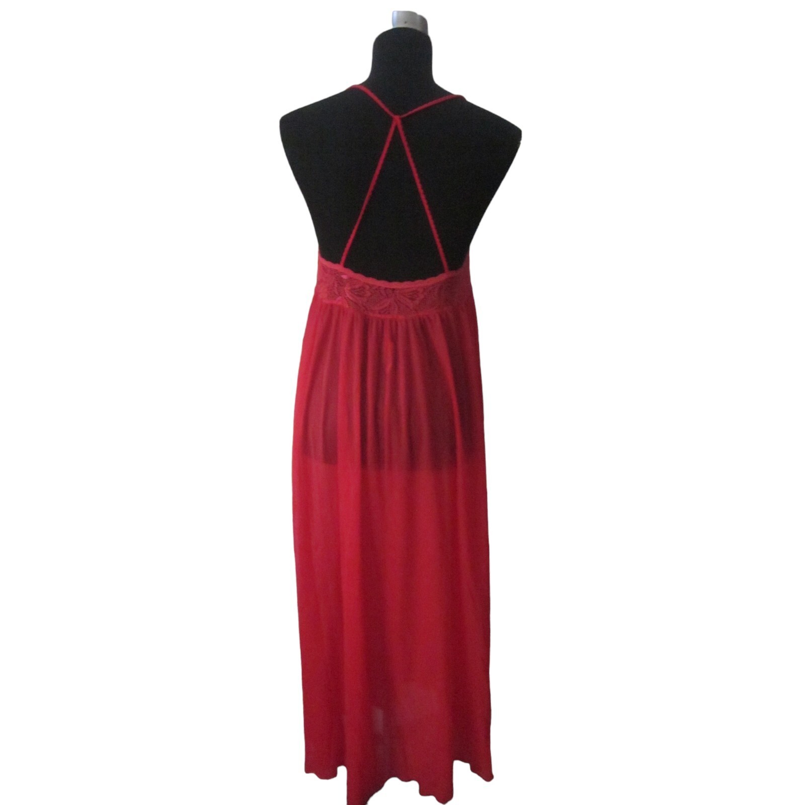 VTG VANITY FAIR Red Lace Bodice Nylon Blend Strappy Back Nightgown Sz S USA