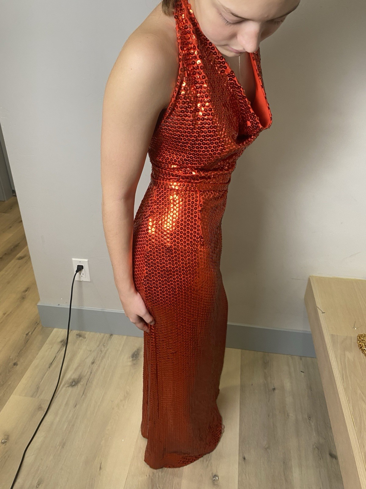 VTG 70’s Red Sequined Fitted Halter Gown Dress S Women’s Party Formal Cocktail