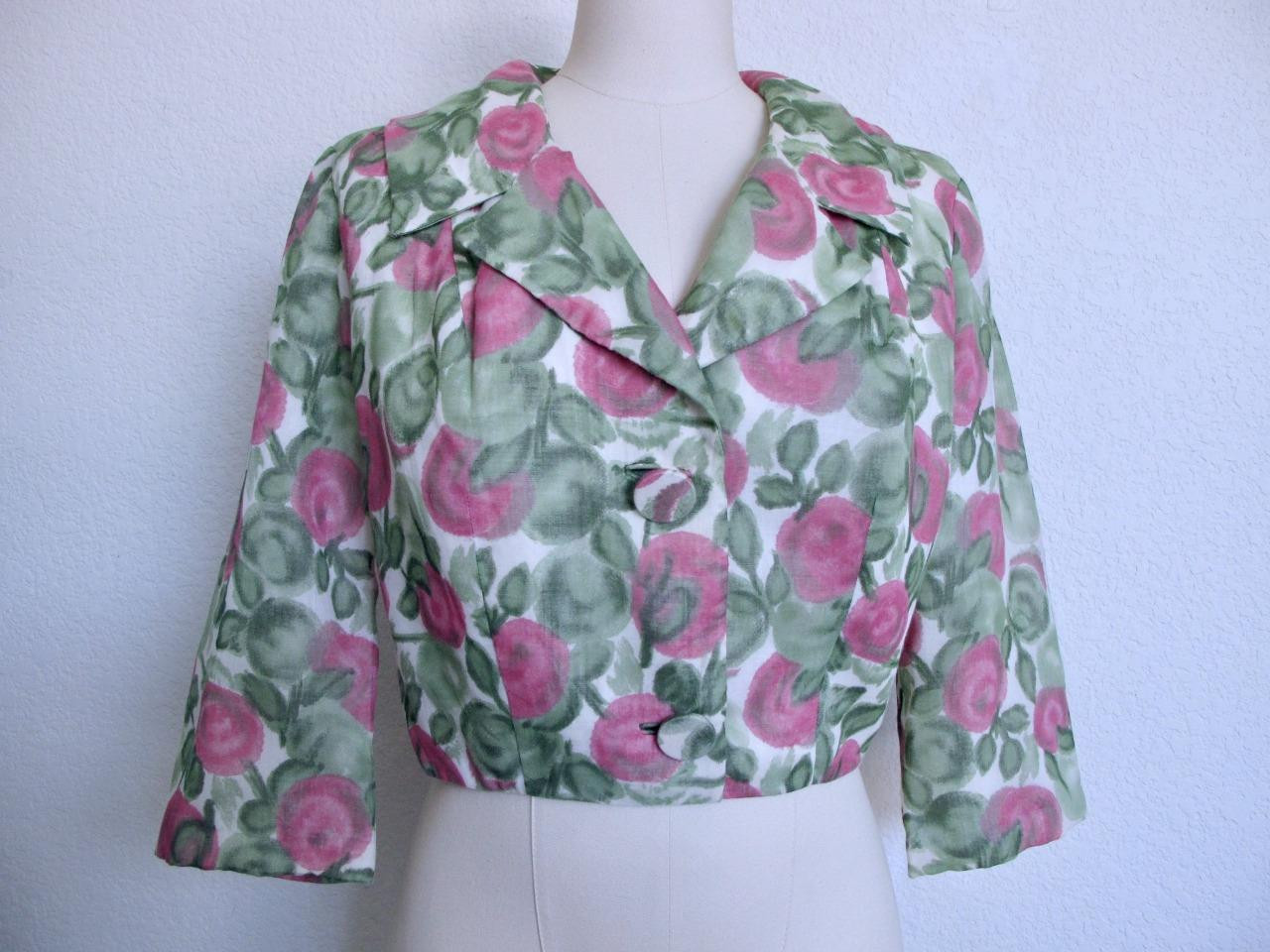 Vintage 50s 60s Cropped Roses Floral Print Jacket Ivory Pink Green L 41&Prime; Bust