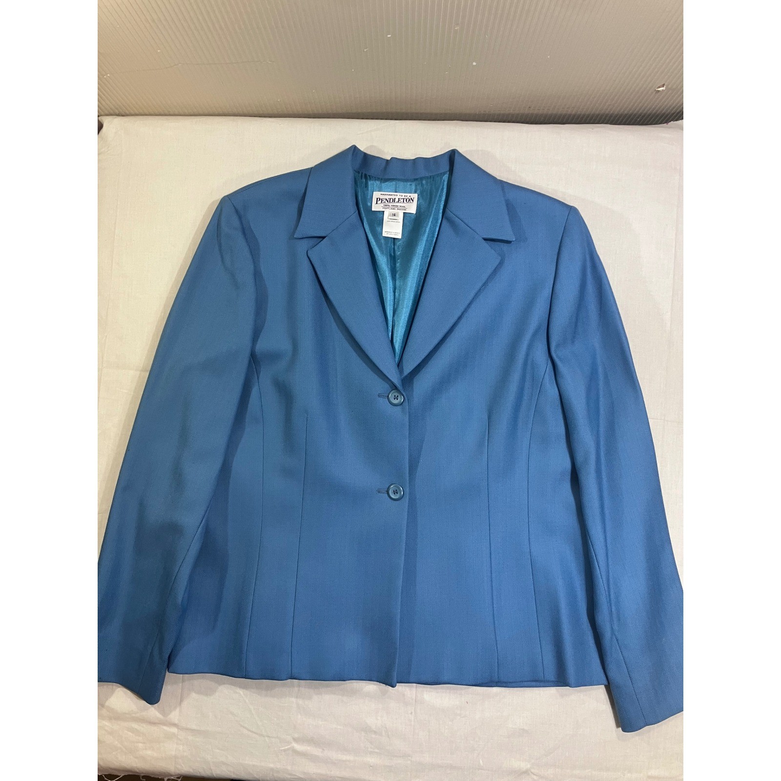 Pendleton Blue Virgin Wool Skirt Suit Set Blazer Pleated Plaid Skirt Womens 14