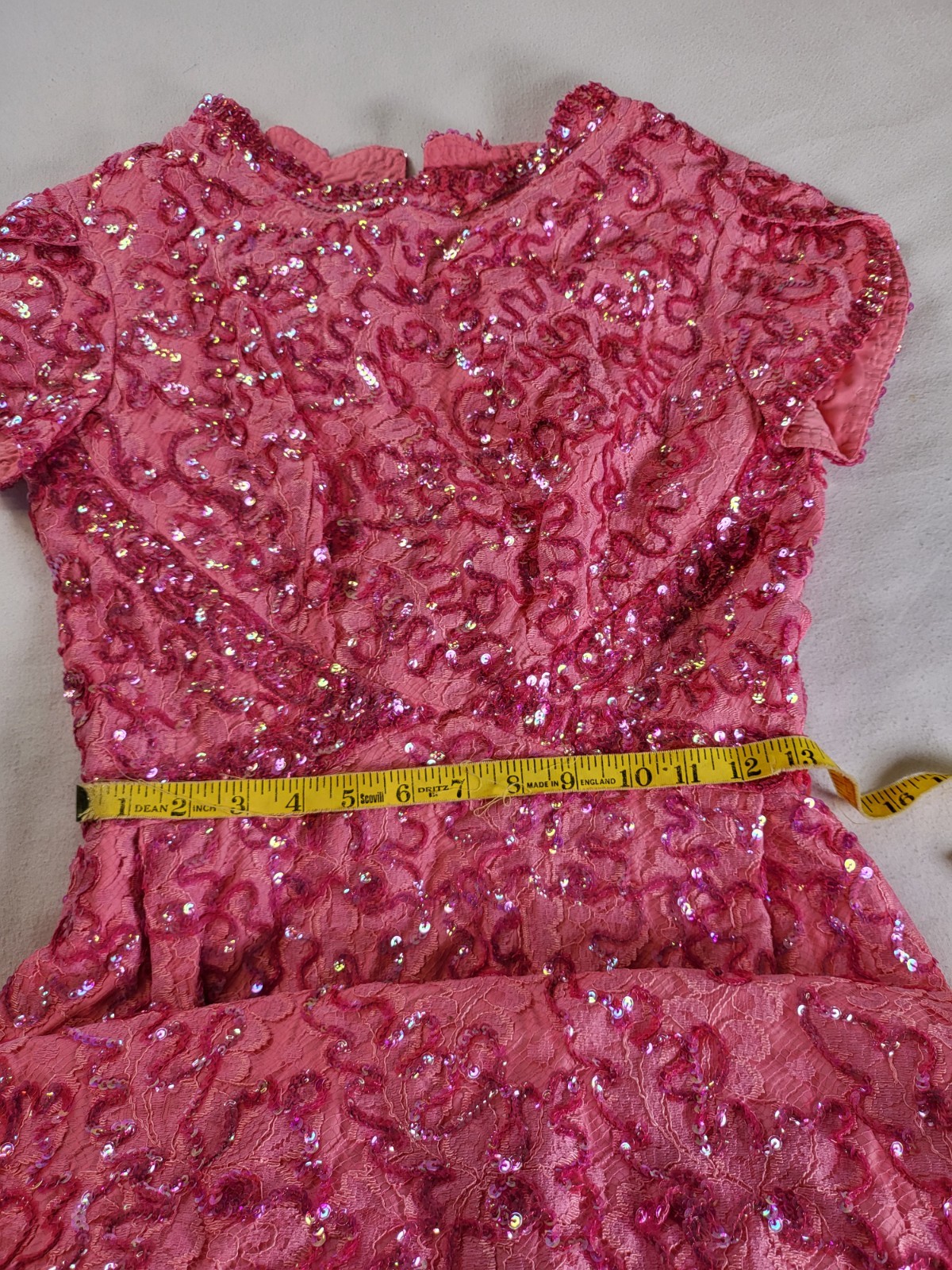 1960&rsquo;s Vibrant Pink Shimmering Sequin & Lace Hostess Gown Dress Size 10